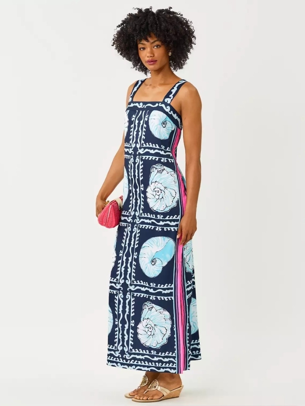 Lilly Pulitzer Navy Maxi Dress with Aqua Shell Print and Pink Side Stripe